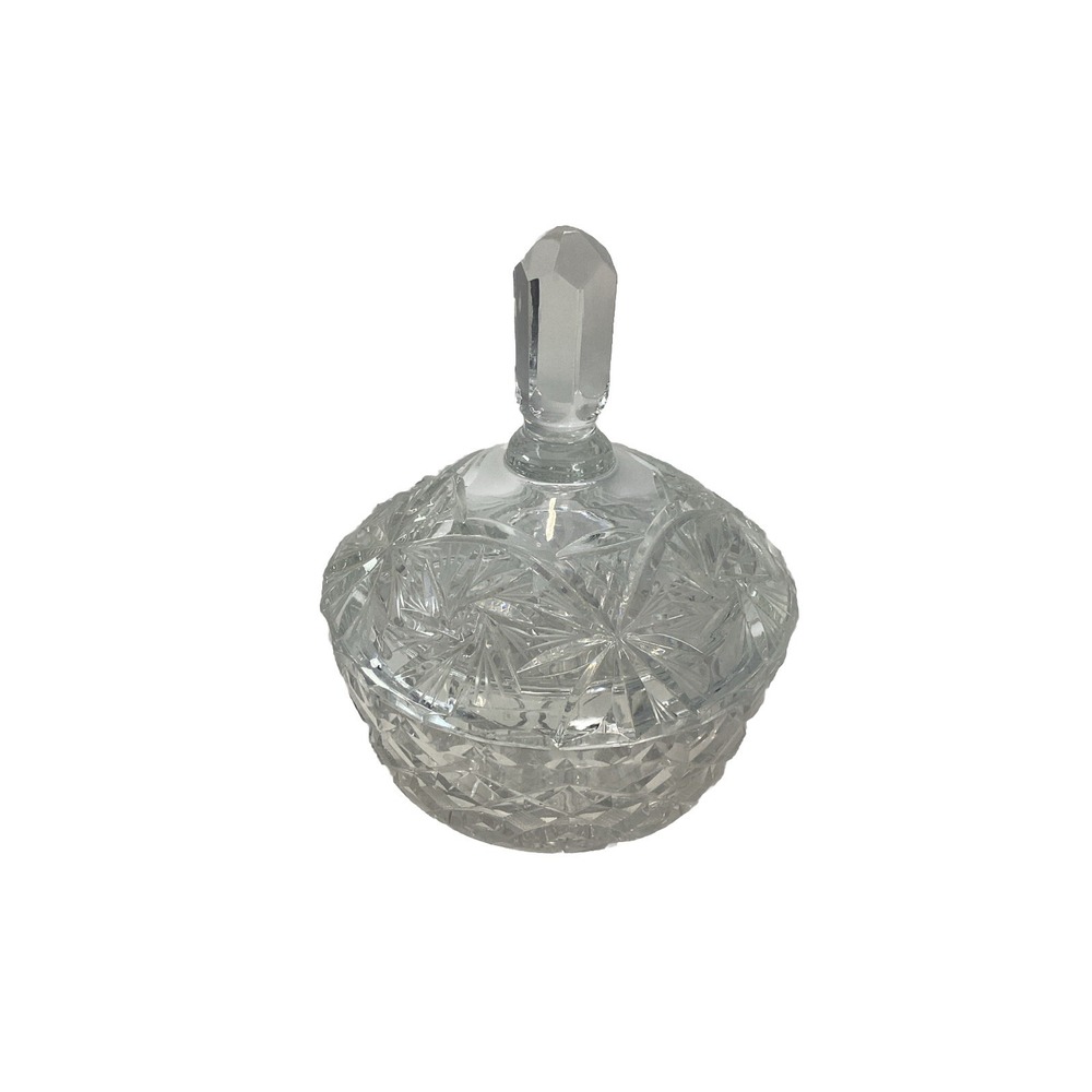 Lead Clear Cut Crystal Candy Dish Etched Glass with Lid Faceted Finial Vintage